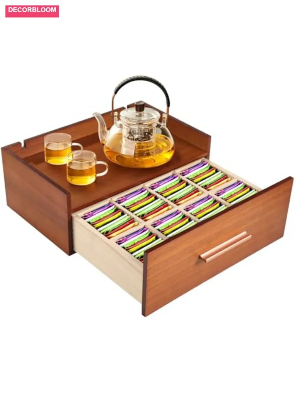 Wooden Tea Bag Organizer with 8 Compartments & Removable Dividers, Countertop